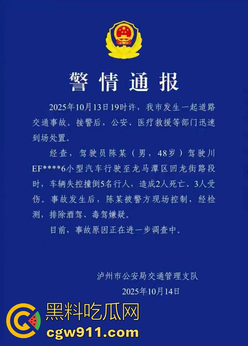 四川泸州龙马潭区,发生严重交通事故,小型汽车通过路口后加速撞向人行道,撞倒5名行人,导致2人当场死亡。 第1张 四川泸州龙马潭区,发生严重交通事故,小型汽车通过路口后加速撞向人行道,撞倒5名行人,导致2人当场死亡。 第1张